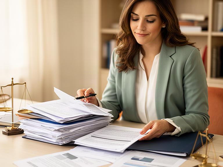 Abogada revisando documentos legales sobre una mesa de trabajo luminosa